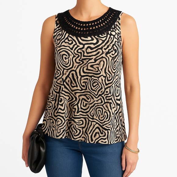 Valerie Stevens Womens M Beige Black Abstract Sleeveless Blouse Crochet Neckline - Picture 2 of 13